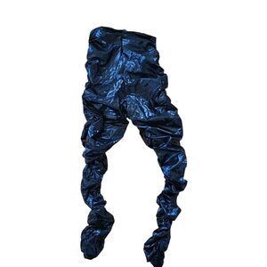 Polyester ruched fitted skinny pants with front zip, size large